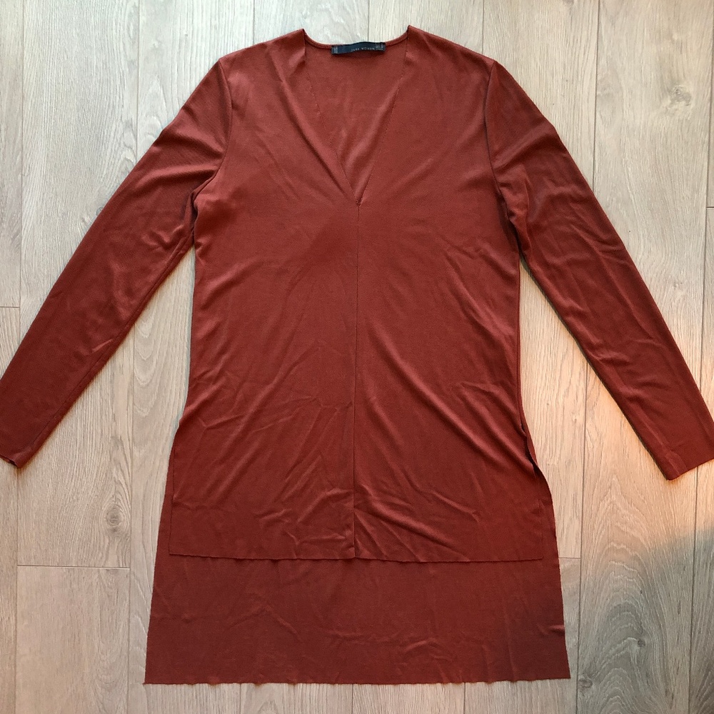 Zara Rust Long Sleeve V-Neck High Low Hem Dress